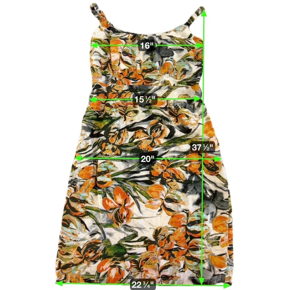 Floral Linen Midi Dress L Square Neck Sleeveless Belted Euro Summer Vacation - Picture 9 of 9